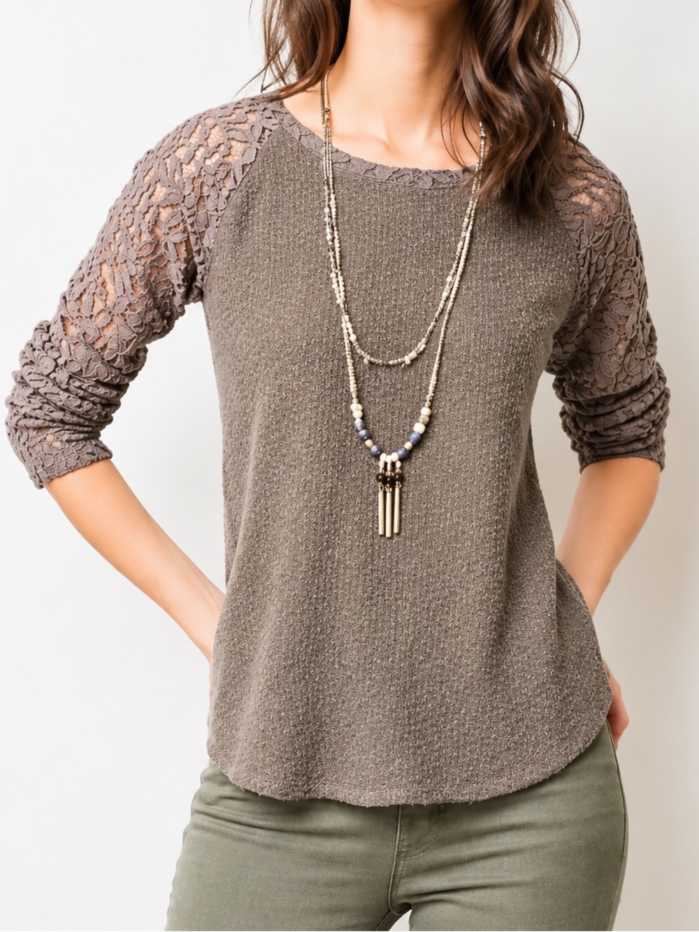 Anthropologie One September Taupe Lace Sweater Casual Romantic Knit Retro XS